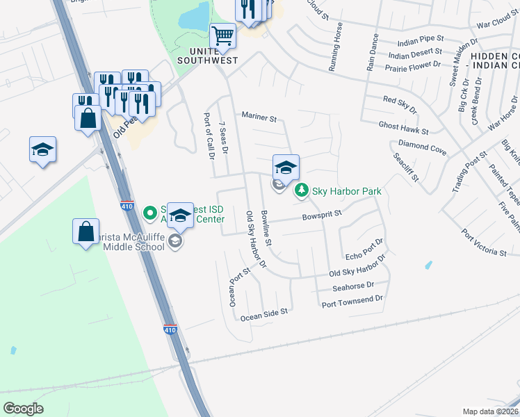 map of restaurants, bars, coffee shops, grocery stores, and more near 8939 Bowline Street in San Antonio