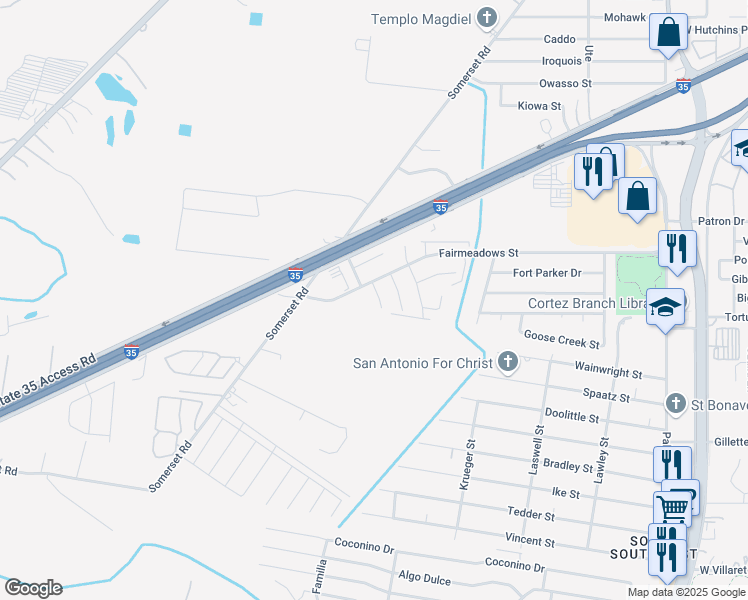 map of restaurants, bars, coffee shops, grocery stores, and more near 8915 Long Branch Street in San Antonio