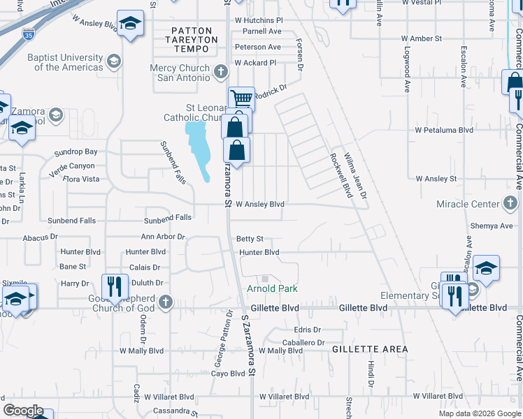 map of restaurants, bars, coffee shops, grocery stores, and more near 1522 West Ansley Boulevard in San Antonio