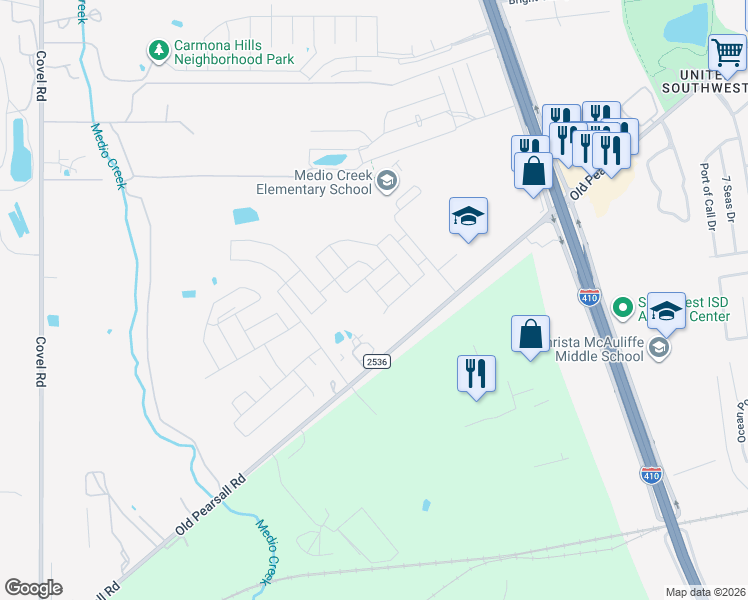 map of restaurants, bars, coffee shops, grocery stores, and more near 9115 Tip Top Ridge in San Antonio