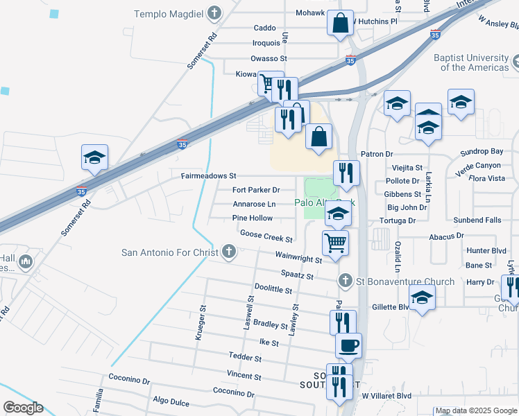 map of restaurants, bars, coffee shops, grocery stores, and more near 3114 Annarose Lane in San Antonio