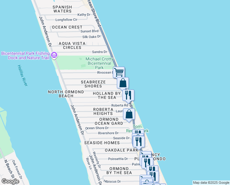 map of restaurants, bars, coffee shops, grocery stores, and more near 101 Holland Rd in Ormond Beach