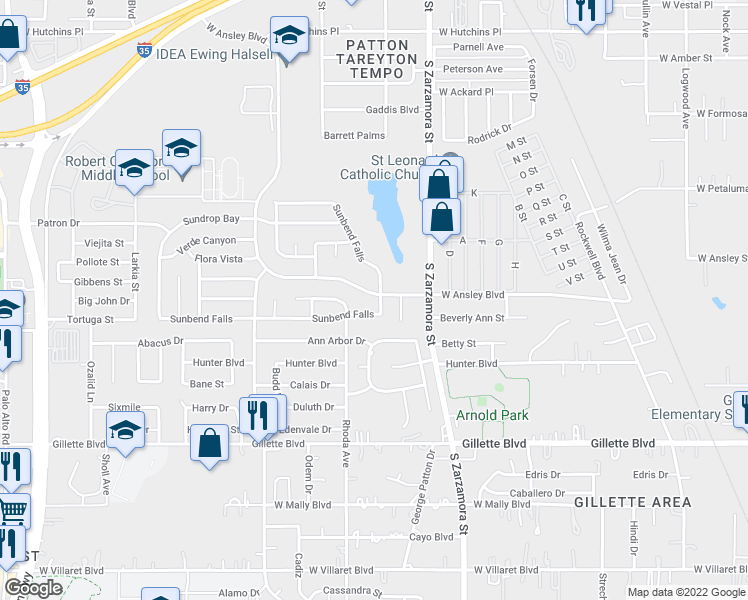 map of restaurants, bars, coffee shops, grocery stores, and more near 1703 Sunbend Falls in San Antonio