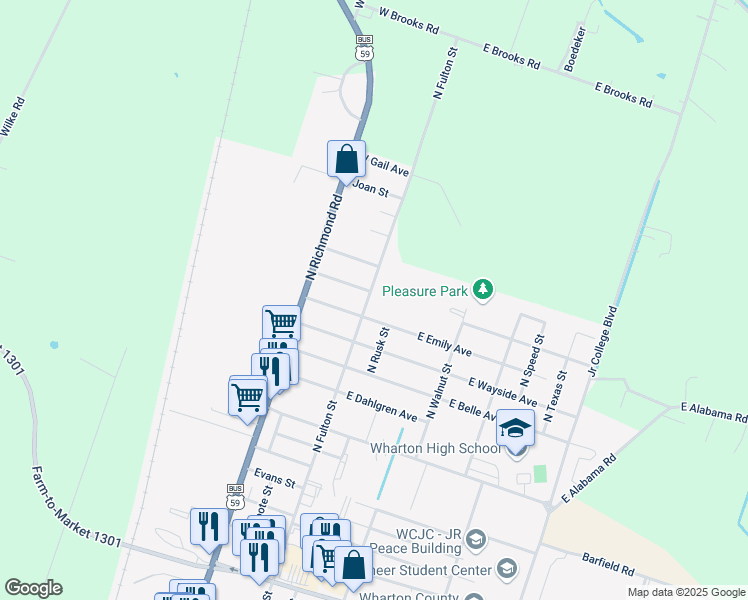 map of restaurants, bars, coffee shops, grocery stores, and more near 2716 North Fulton Street in Wharton