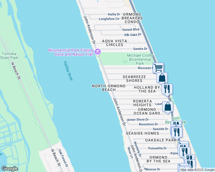 map of restaurants, bars, coffee shops, grocery stores, and more near 1838 John Anderson Drive in Ormond Beach