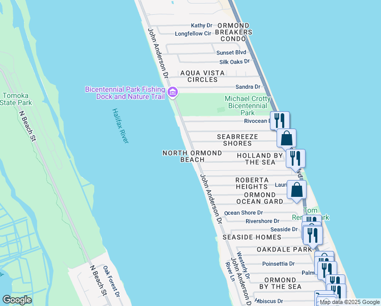 map of restaurants, bars, coffee shops, grocery stores, and more near 1838 John Anderson Drive in Ormond Beach