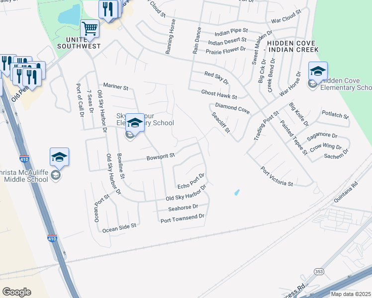 map of restaurants, bars, coffee shops, grocery stores, and more near 5830 Bowsprit Street in San Antonio