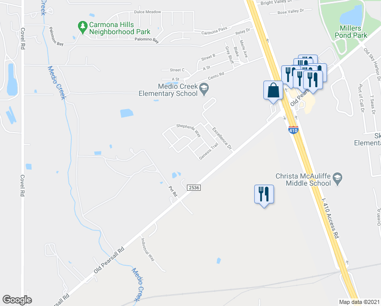 map of restaurants, bars, coffee shops, grocery stores, and more near 9115 Tip Top Ridge in San Antonio