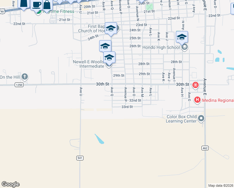 map of restaurants, bars, coffee shops, grocery stores, and more near 1505 31st Street in Hondo