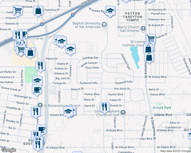 map of restaurants, bars, coffee shops, grocery stores, and more near 2118 Sunbird Pass in San Antonio
