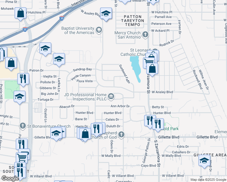 map of restaurants, bars, coffee shops, grocery stores, and more near 8818 Rhoda Avenue in San Antonio
