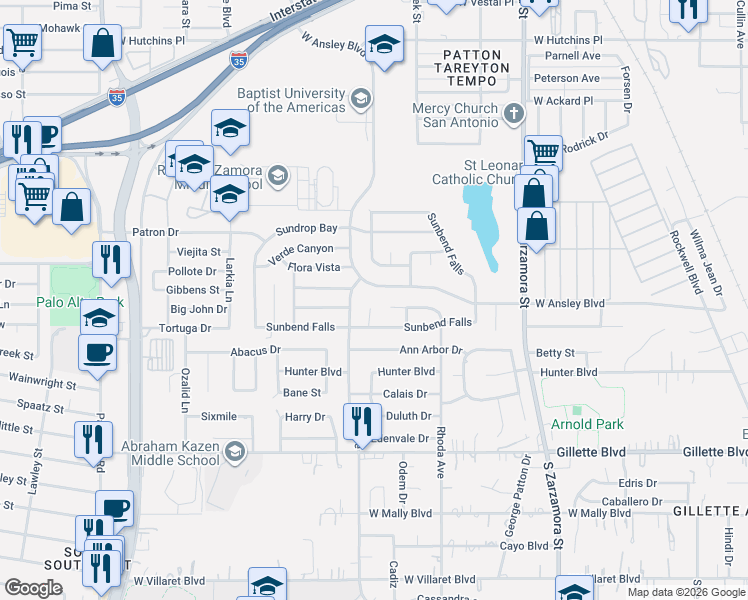 map of restaurants, bars, coffee shops, grocery stores, and more near 8911 Sungate Bay in San Antonio