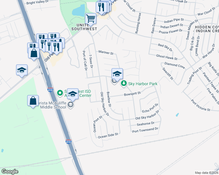 map of restaurants, bars, coffee shops, grocery stores, and more near 8939 Bowline Street in San Antonio