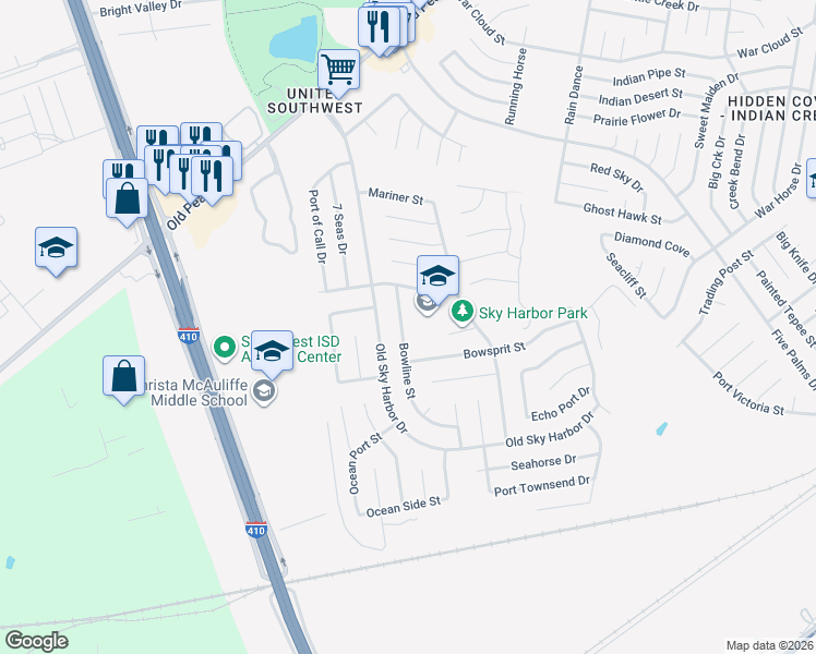 map of restaurants, bars, coffee shops, grocery stores, and more near 8939 Bowline Street in San Antonio