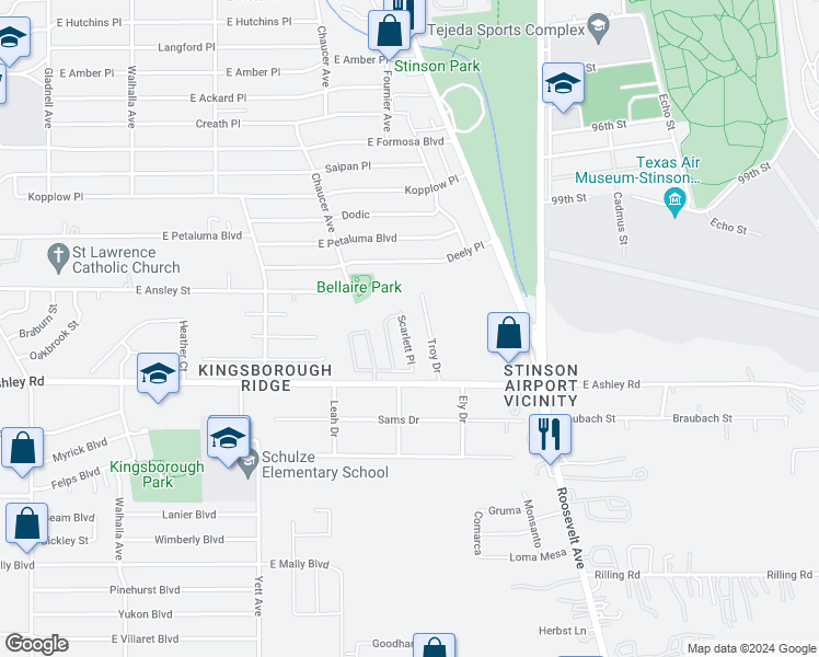 map of restaurants, bars, coffee shops, grocery stores, and more near 8818 Scarlett Place in San Antonio
