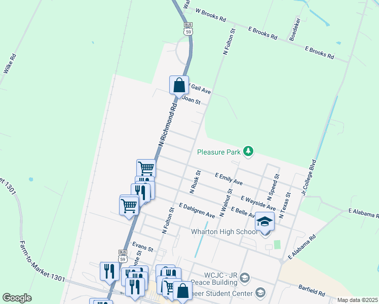 map of restaurants, bars, coffee shops, grocery stores, and more near 2716 North Fulton Street in Wharton