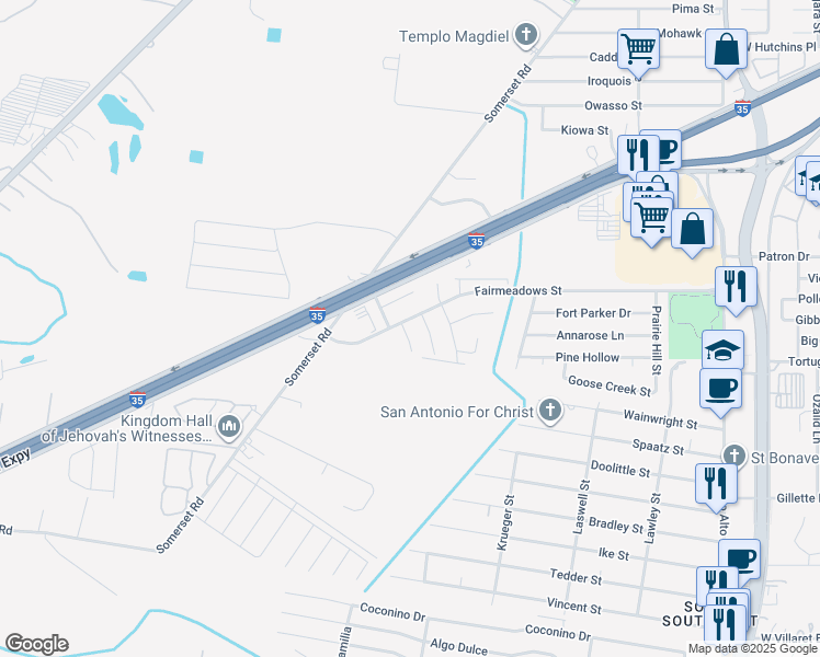 map of restaurants, bars, coffee shops, grocery stores, and more near 8915 Long Branch Street in San Antonio