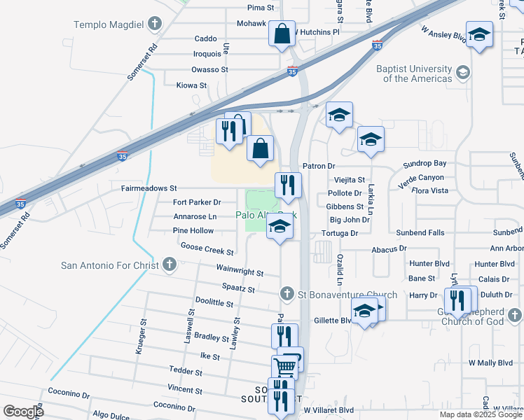 map of restaurants, bars, coffee shops, grocery stores, and more near 1601 Palo Alto Road in San Antonio