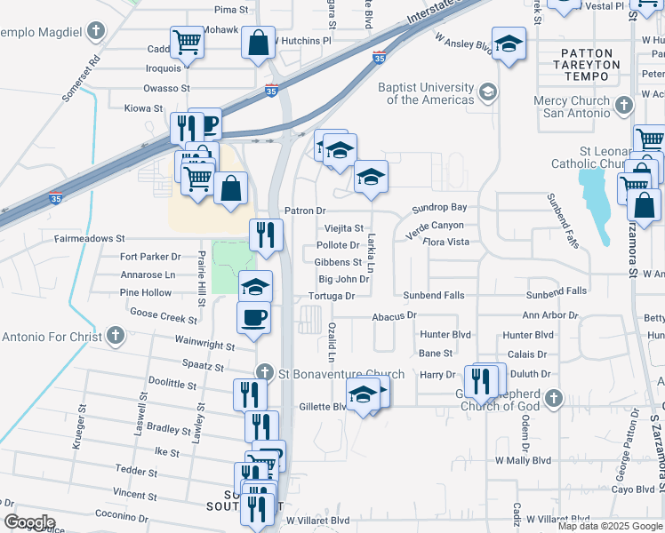 map of restaurants, bars, coffee shops, grocery stores, and more near 2606 Big John Drive in San Antonio