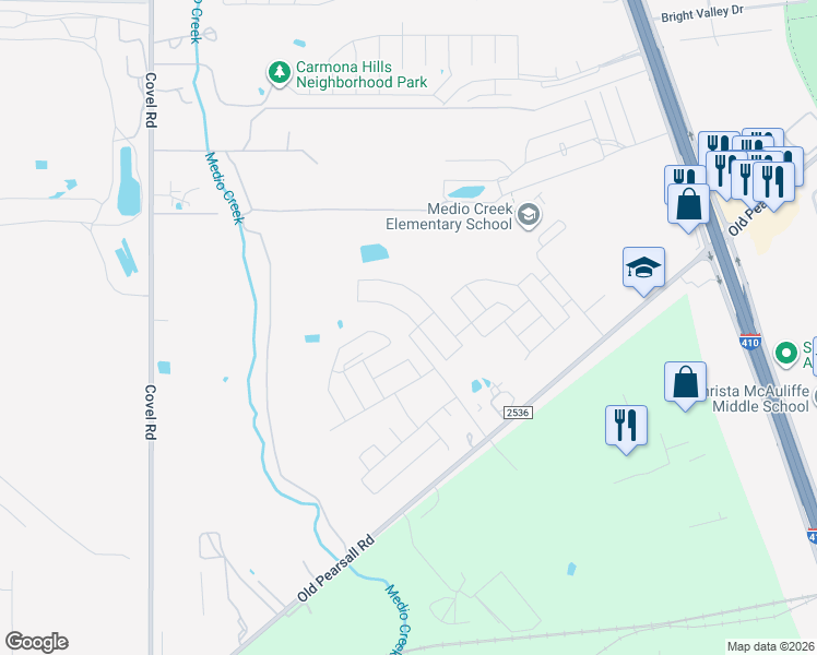 map of restaurants, bars, coffee shops, grocery stores, and more near 6861 Old Pearsall Road in San Antonio