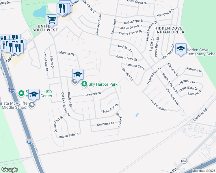 map of restaurants, bars, coffee shops, grocery stores, and more near 5830 Bowsprit Street in San Antonio