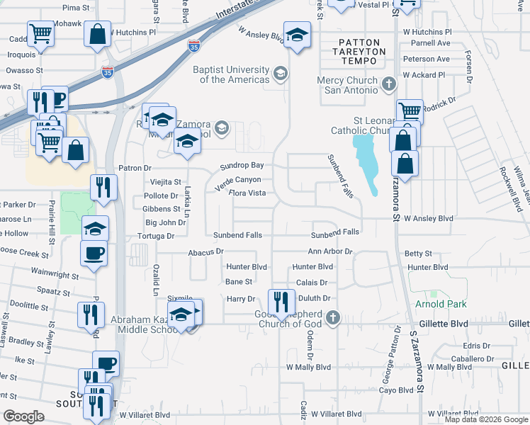 map of restaurants, bars, coffee shops, grocery stores, and more near 2118 Sunbird Pass in San Antonio