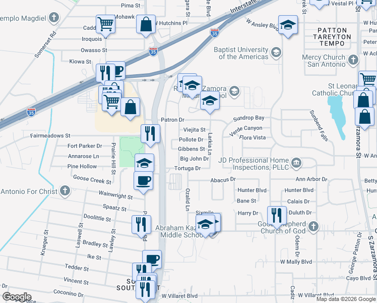 map of restaurants, bars, coffee shops, grocery stores, and more near 2606 Big John Drive in San Antonio