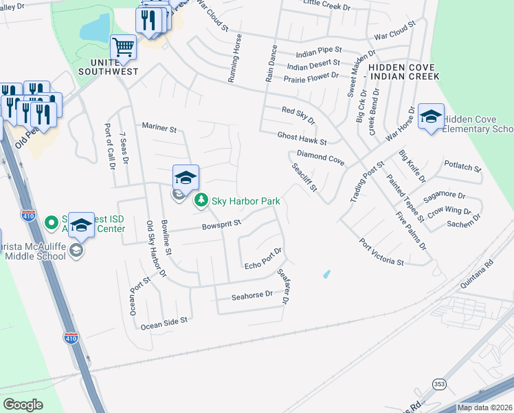 map of restaurants, bars, coffee shops, grocery stores, and more near 5830 Bowsprit Street in San Antonio