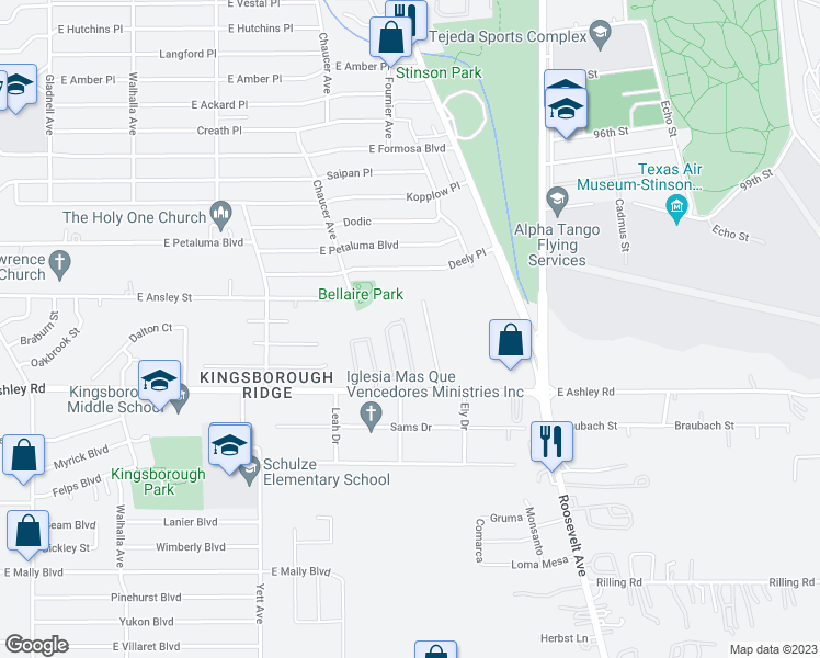 map of restaurants, bars, coffee shops, grocery stores, and more near 8810 Scarlett Place in San Antonio