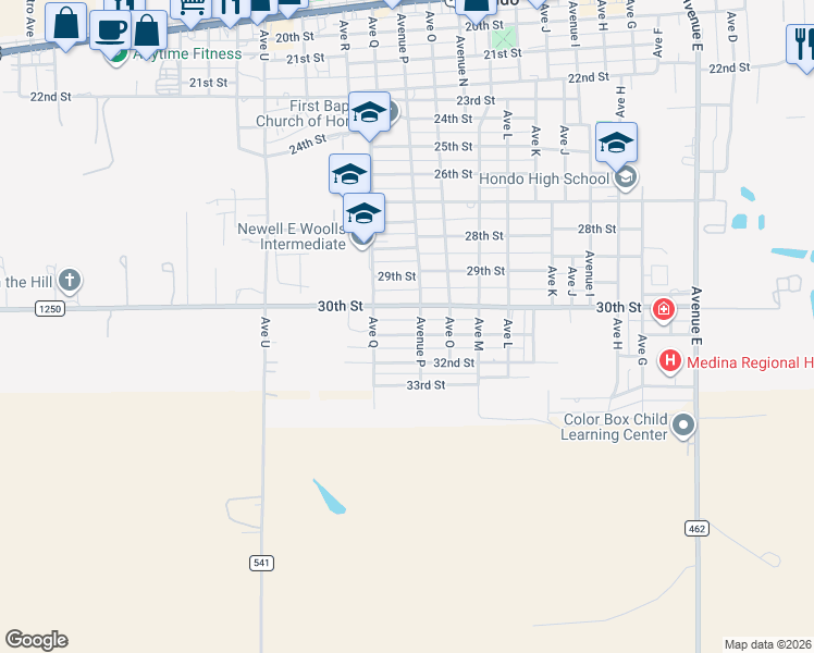 map of restaurants, bars, coffee shops, grocery stores, and more near 1505 31st Street in Hondo