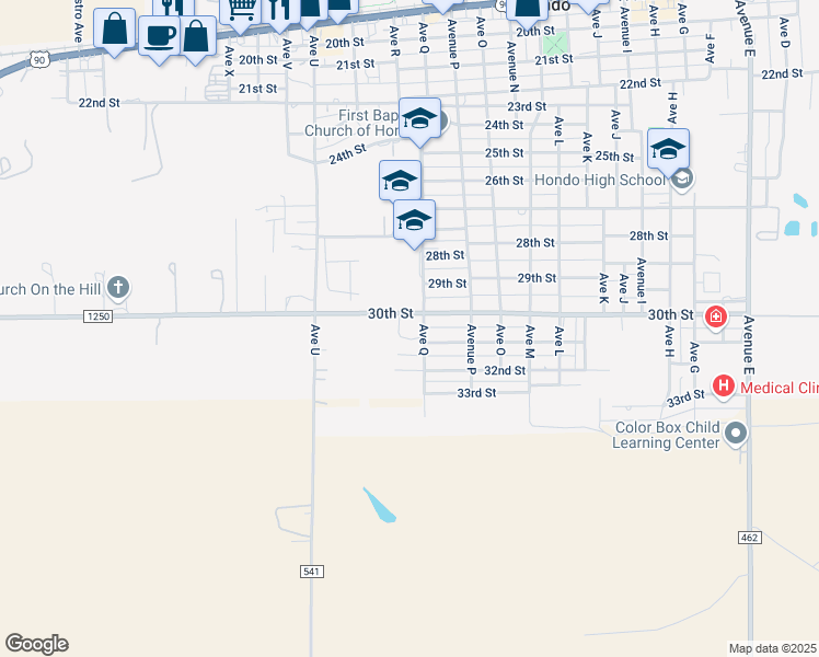 map of restaurants, bars, coffee shops, grocery stores, and more near 2910 Avenue Q in Hondo