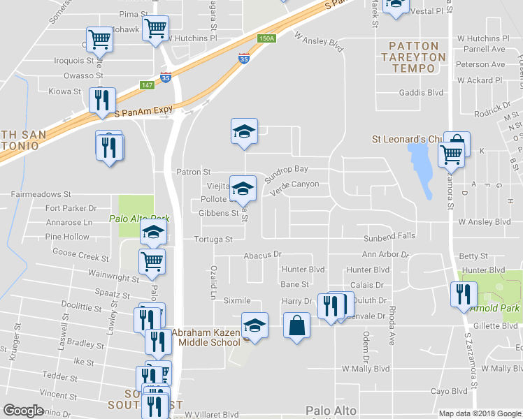 map of restaurants, bars, coffee shops, grocery stores, and more near 2518 Sundrop Bay in San Antonio