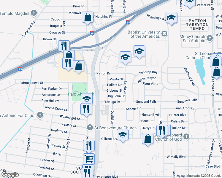 map of restaurants, bars, coffee shops, grocery stores, and more near 2607 Pollote Street in San Antonio