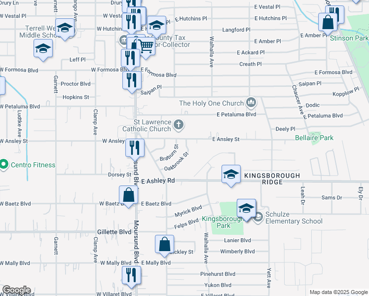 map of restaurants, bars, coffee shops, grocery stores, and more near 8807 Topsey Street in San Antonio