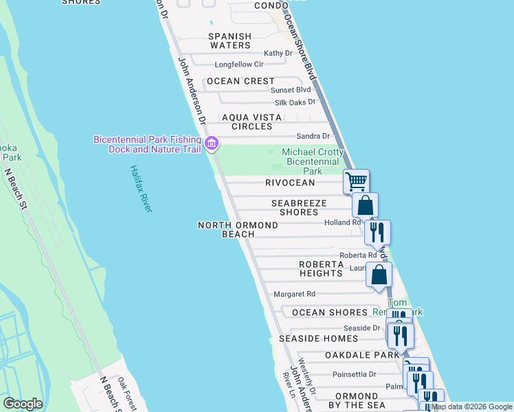 map of restaurants, bars, coffee shops, grocery stores, and more near 62 Seabreeze Drive in Ormond Beach