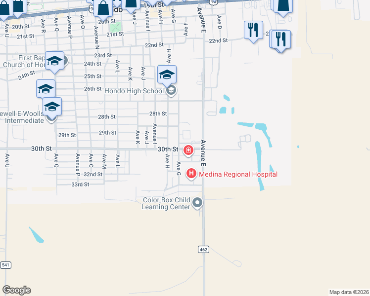 map of restaurants, bars, coffee shops, grocery stores, and more near 604 30th Street in Hondo