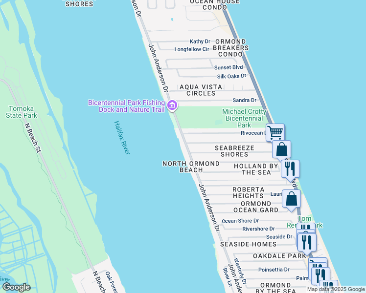 map of restaurants, bars, coffee shops, grocery stores, and more near 1864 John Anderson Drive in Ormond Beach