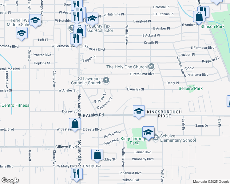 map of restaurants, bars, coffee shops, grocery stores, and more near 8807 Topsey Street in San Antonio