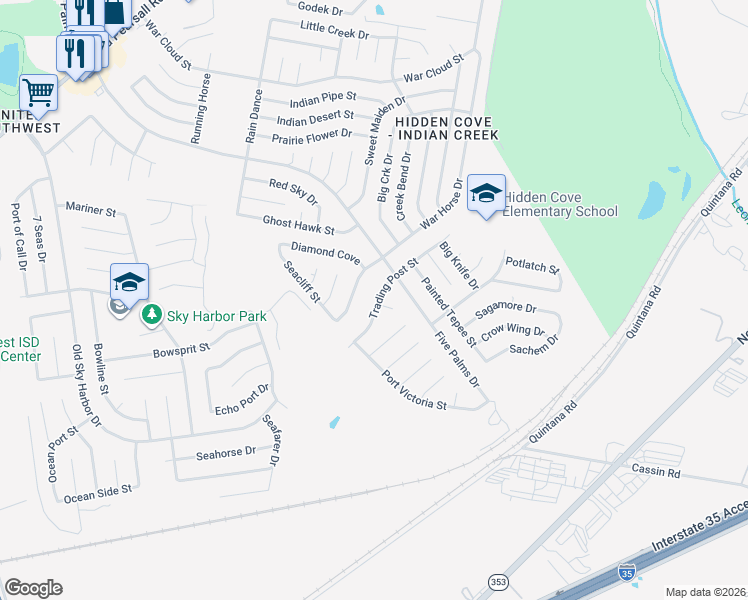 map of restaurants, bars, coffee shops, grocery stores, and more near 5323 Trading Post Street in San Antonio