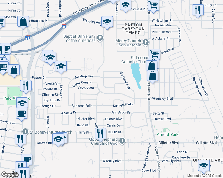 map of restaurants, bars, coffee shops, grocery stores, and more near 8763 Sunview Park in San Antonio