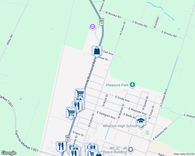 map of restaurants, bars, coffee shops, grocery stores, and more near 205 Columbus Drive in Wharton