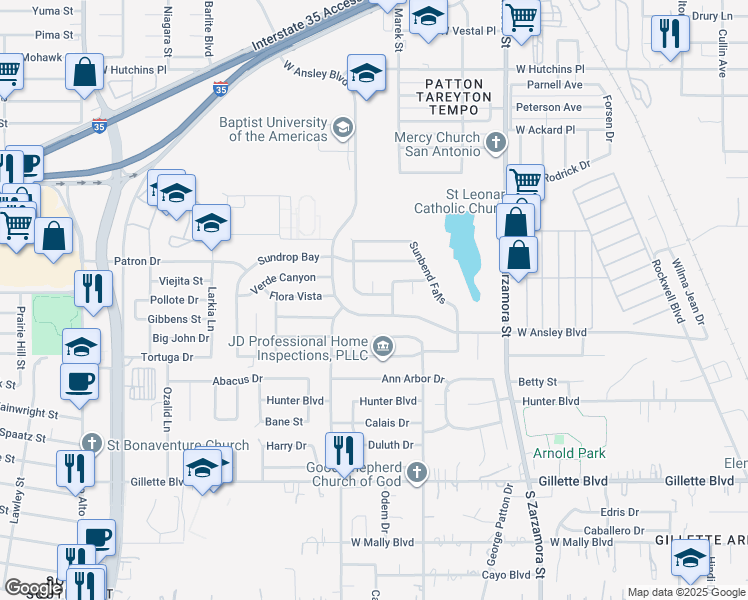 map of restaurants, bars, coffee shops, grocery stores, and more near 8763 Sunview Park in San Antonio