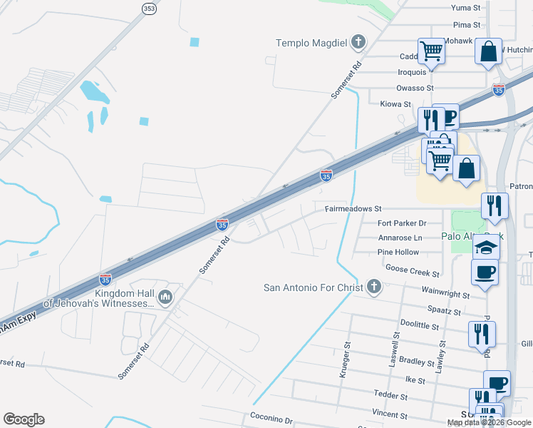 map of restaurants, bars, coffee shops, grocery stores, and more near 3515 Palm Leaf Street in San Antonio