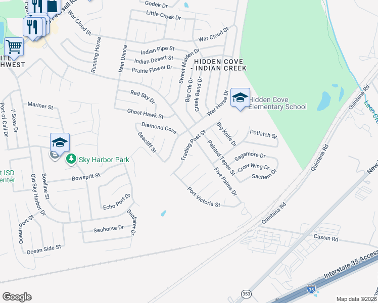 map of restaurants, bars, coffee shops, grocery stores, and more near 5323 Trading Post Street in San Antonio