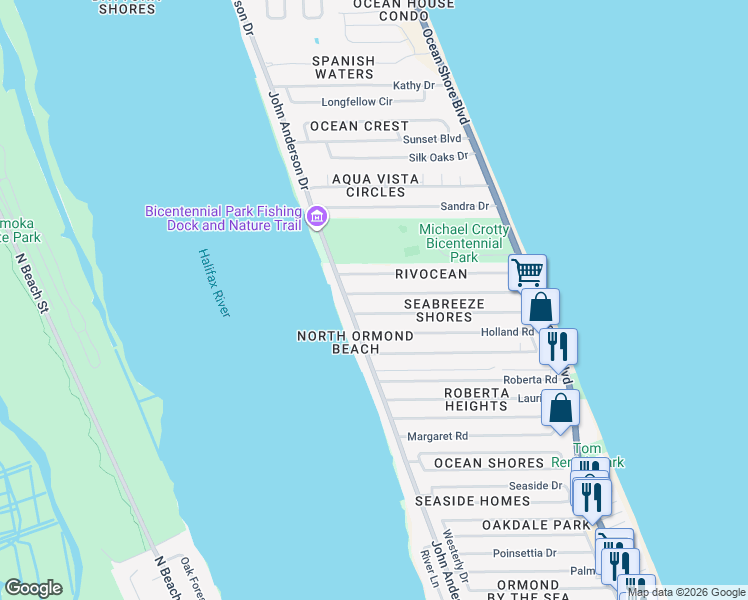 map of restaurants, bars, coffee shops, grocery stores, and more near 62 Seabreeze Drive in Ormond Beach