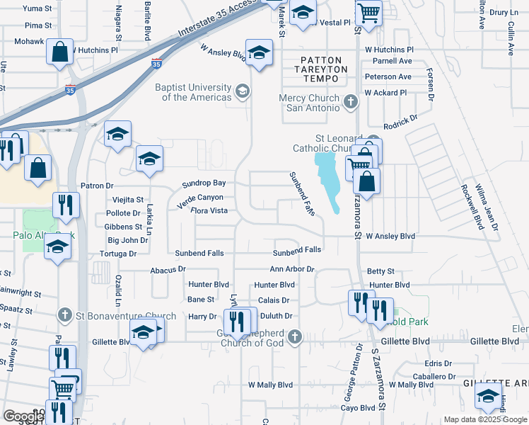 map of restaurants, bars, coffee shops, grocery stores, and more near 8763 Sunview Park in San Antonio