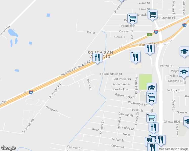 map of restaurants, bars, coffee shops, grocery stores, and more near 3322 Fairmeadows Street in San Antonio