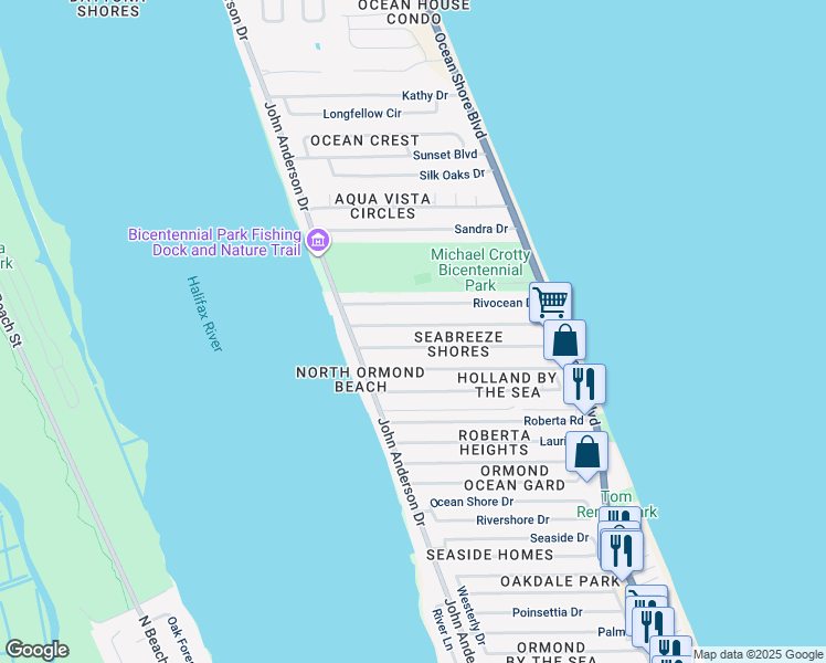 map of restaurants, bars, coffee shops, grocery stores, and more near 50 Seabreeze Drive in Ormond Beach