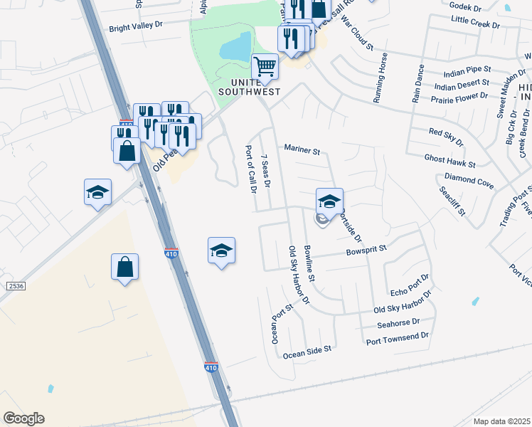 map of restaurants, bars, coffee shops, grocery stores, and more near 6018 Fishers Bend Street in San Antonio
