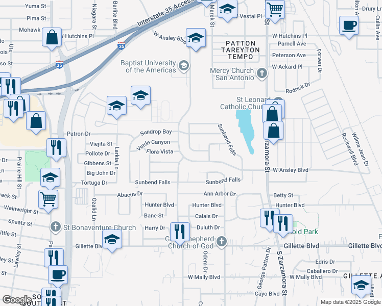 map of restaurants, bars, coffee shops, grocery stores, and more near 1951 West Ansley Boulevard in San Antonio